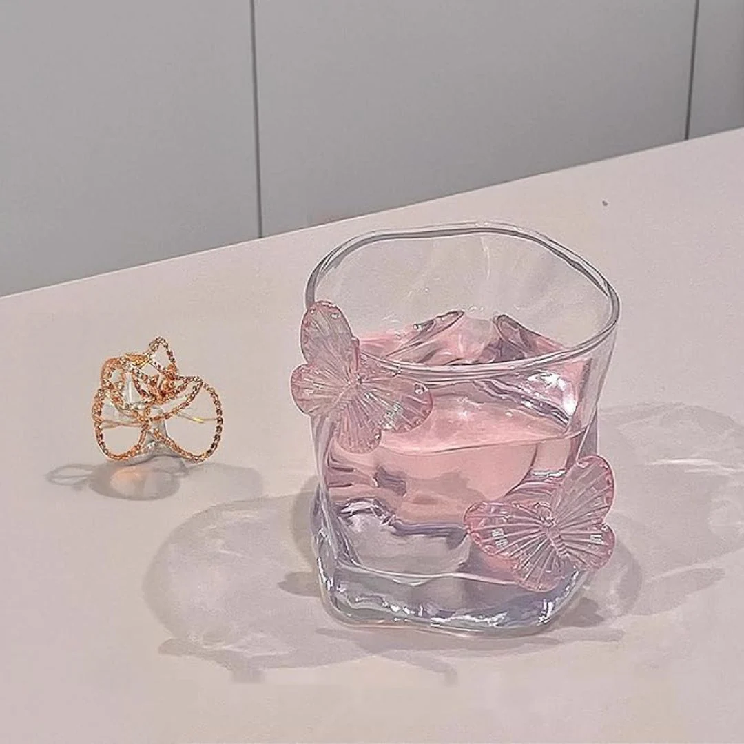 Aesthetic Butterfly Glass Cup – 3D Butterfly Embellished Drinking Glass