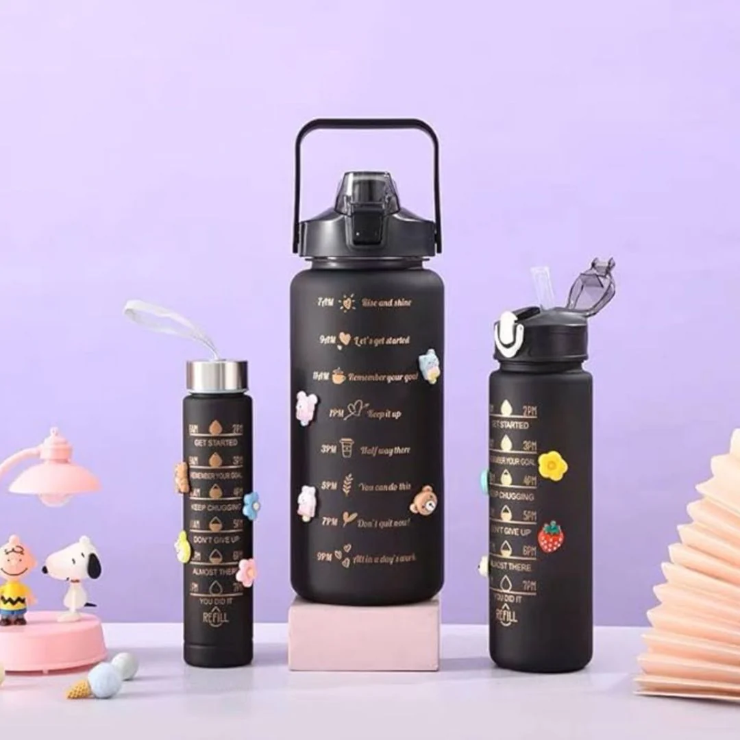 All Black Water Bottle | Bottle Set with Straw 3 Pcs, 2000ml 900ml 300ml - Image 2