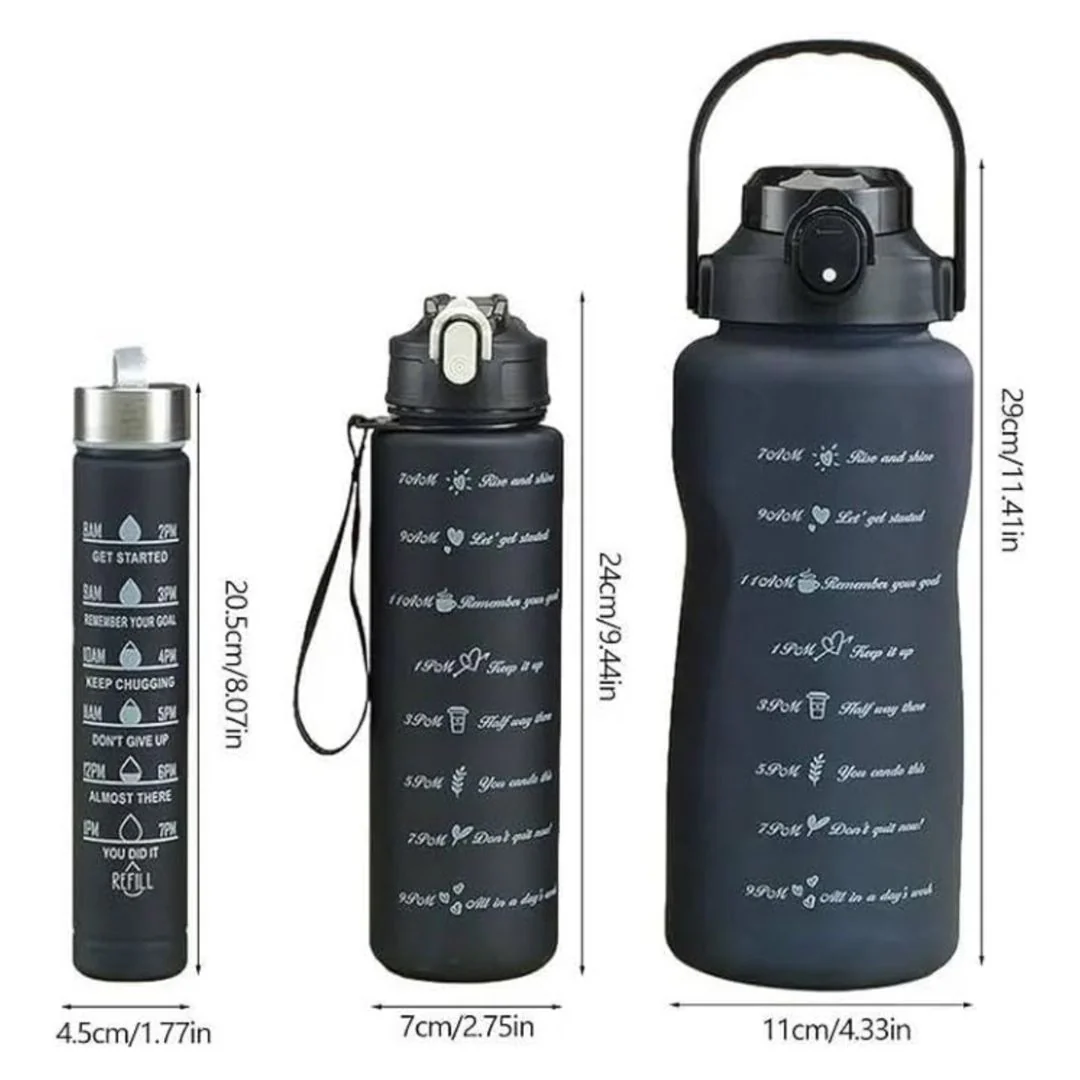 All Black Water Bottle | Bottle Set with Straw 3 Pcs, 2000ml 900ml 300ml - Image 3