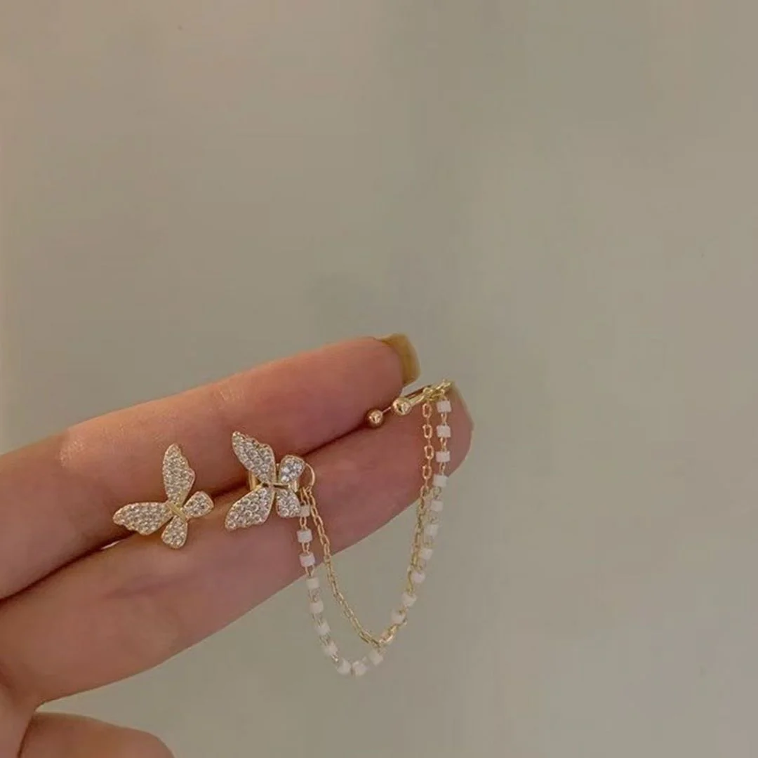 Butterfly Ear Stud with Pearl Chain Cuff – Elegant Single Statement Earring - Image 2