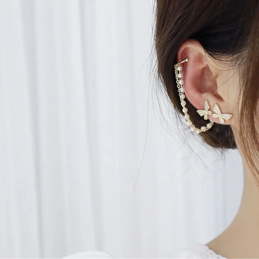 Butterfly Ear Stud with Pearl Chain Cuff – Elegant Single Statement Earring - Image 3