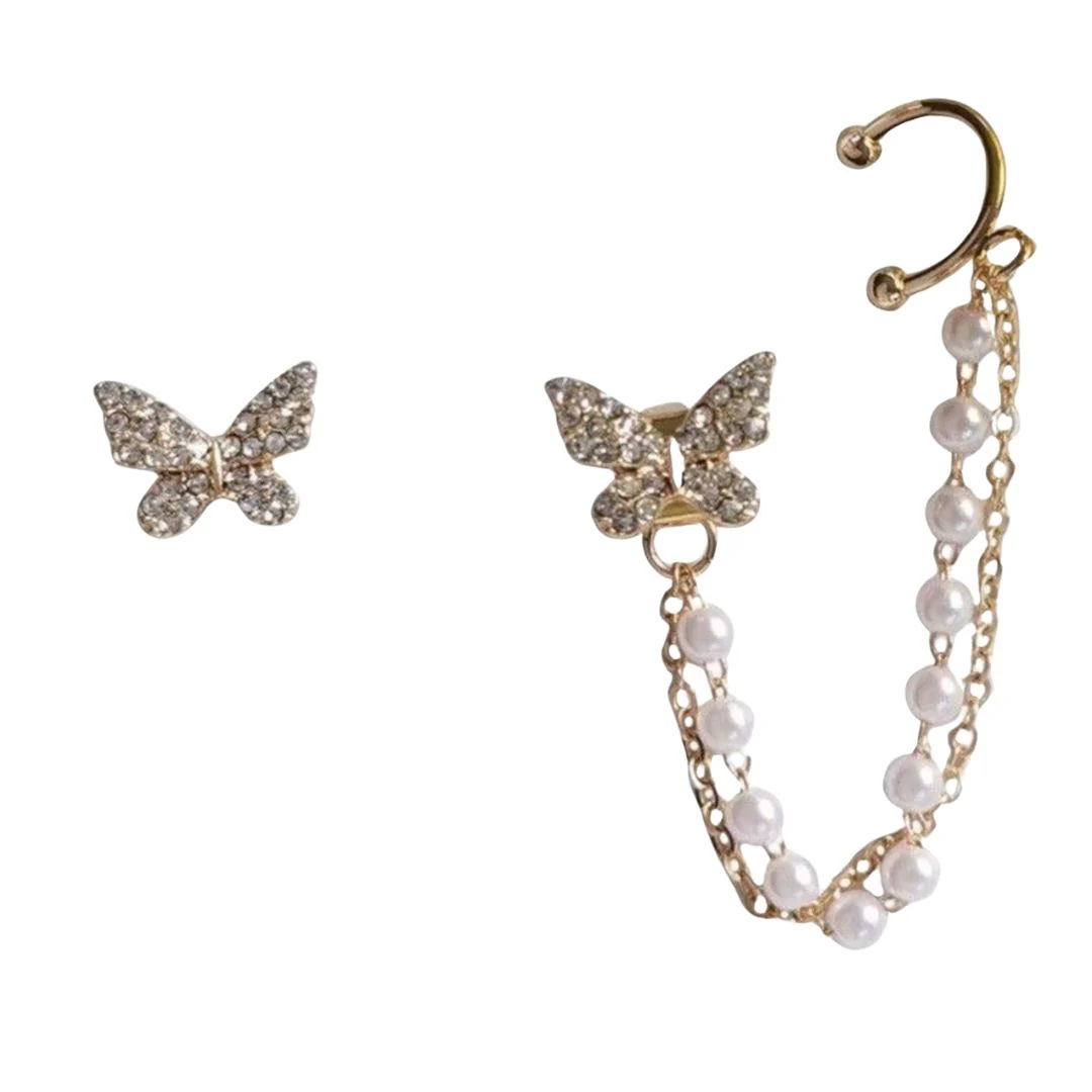 Butterfly Ear Stud with Pearl Chain Cuff – Elegant Single Statement Earring - Image 4