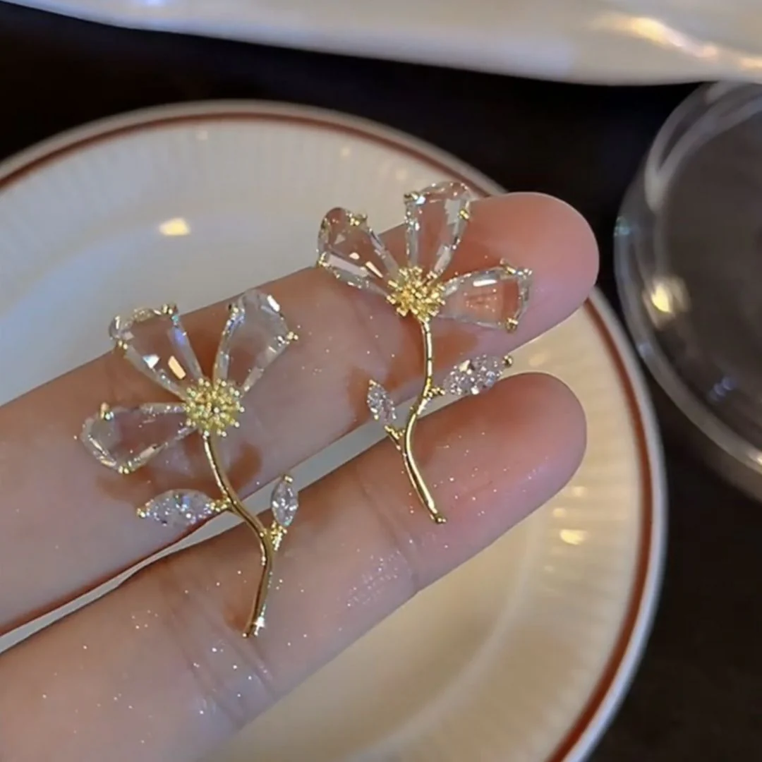 Crystal Bloom Flower Earrings – Delicate Floral Studs with Gold Stem - Image 2