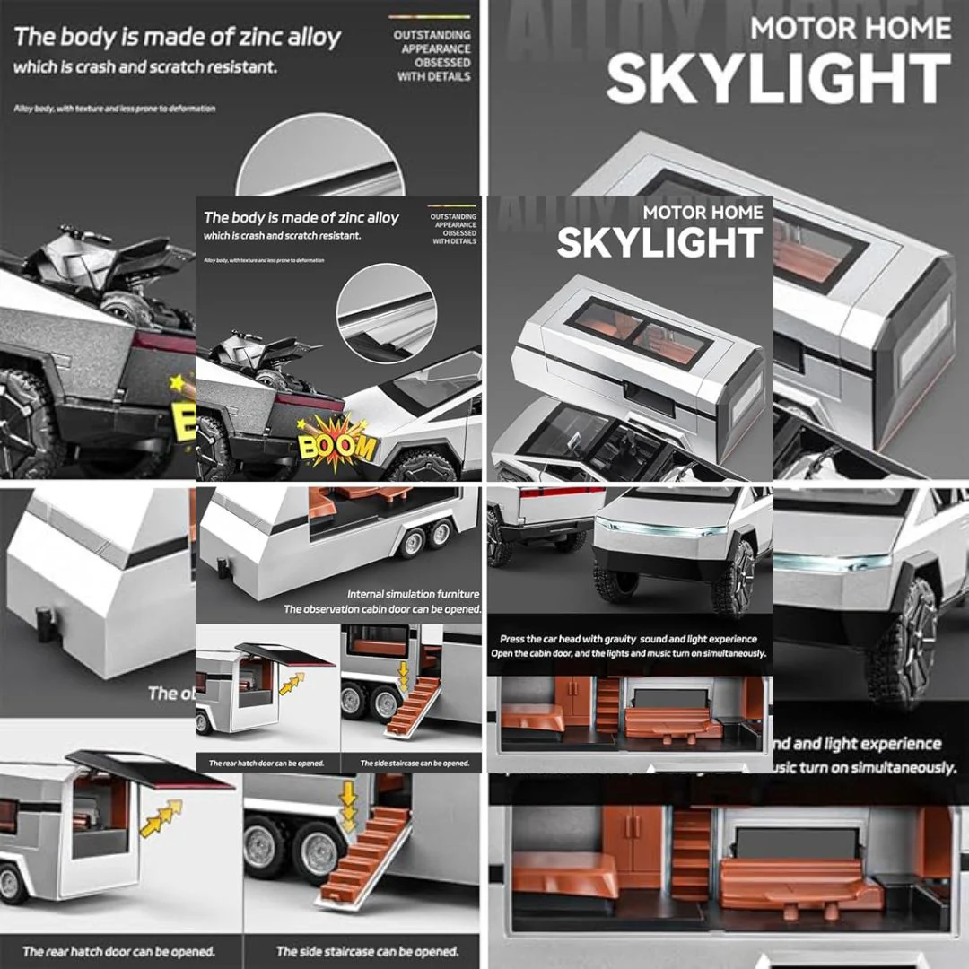 Die-Cast RV Trailer | 1 : 32 Pickup Truck with Motorcycle - Image 4