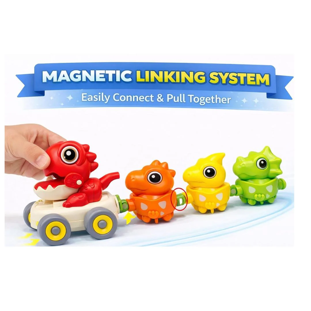 Dinosaur Press & Go Car Toy Set (3+) | Magnetic Detachable Mini Dinos, Whistle Function - Image 2