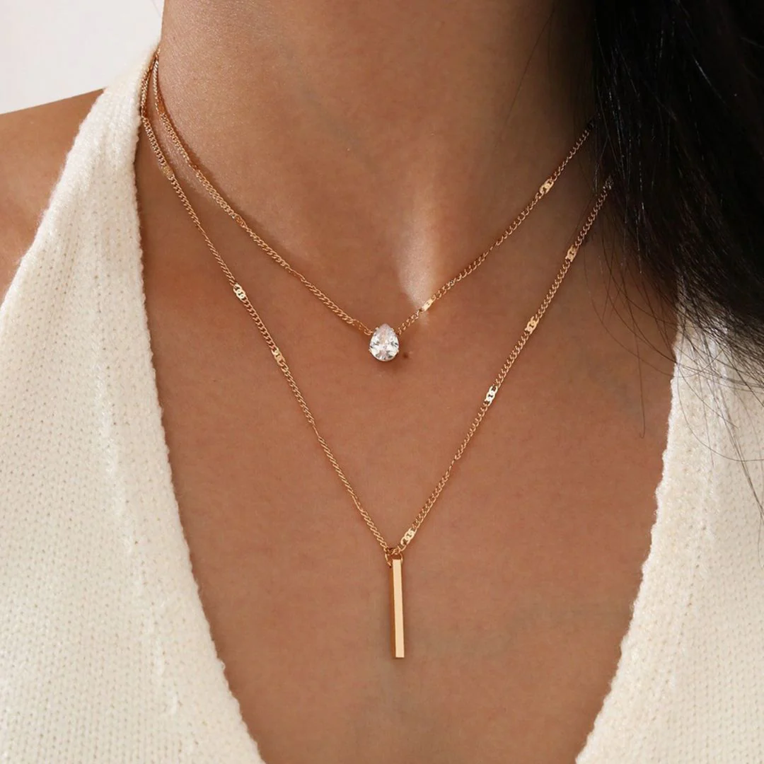 Double Trouble Necklace | Bar Necklace with Teardrop Rhinestone