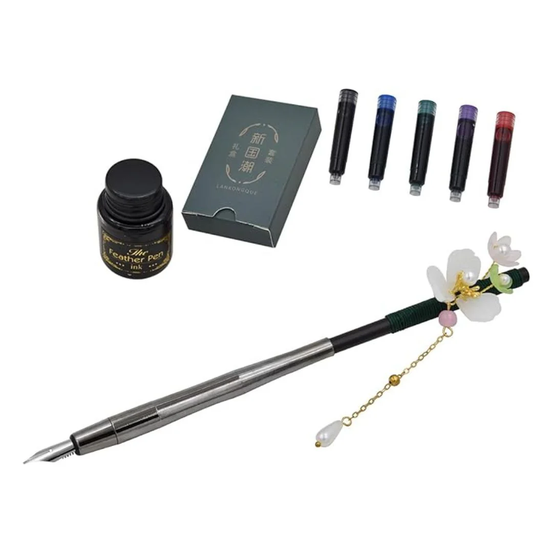 Hair Stick Style Fountain Pen Gift Set | Retro Style Kit With Ink Bottle And Cartridges - Image 4