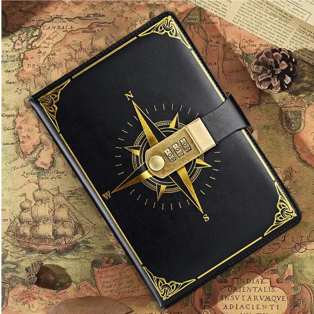 Leather Compass Lock Diary with 3-Digit Password – Vintage Hardcover Personal Journal (A5 Size)