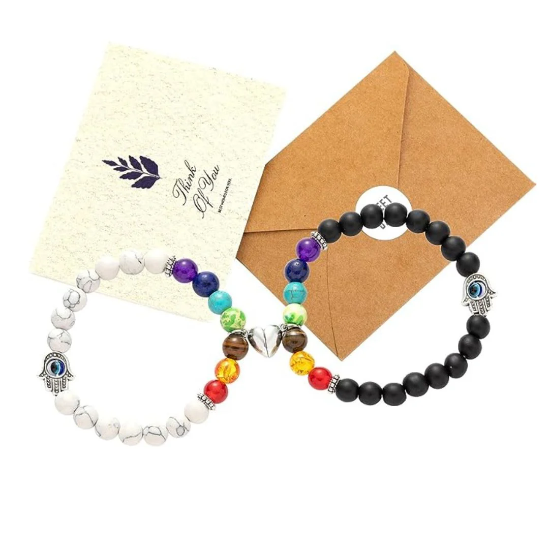 Magnetic Couple Bracelet - Natural Stone Bracelet Set | Bracelet Set with Hamsa and Heart Charm - Image 3