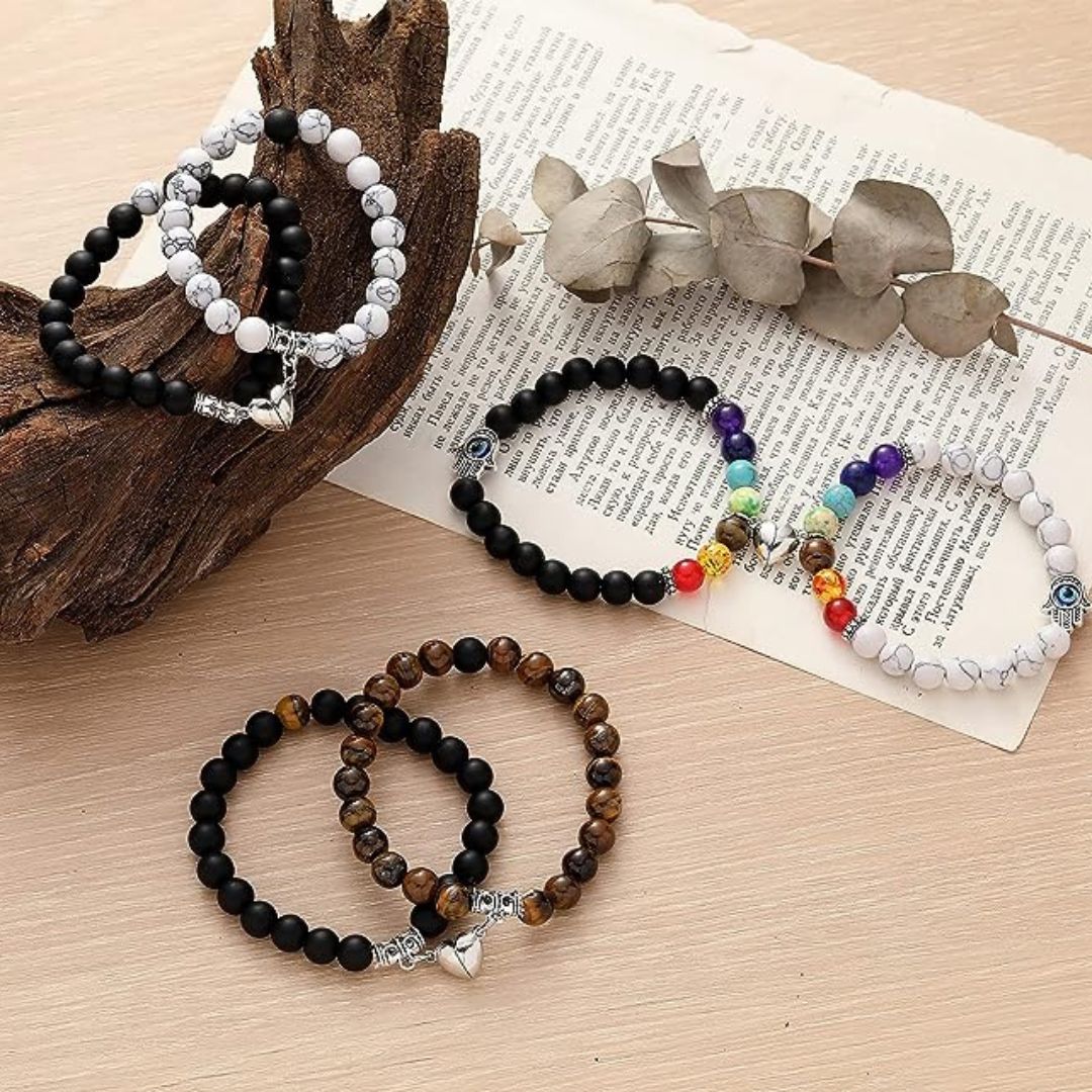 Magnetic Couple Bracelet - Natural Stone Bracelet Set | Bracelet Set with Hamsa and Heart Charm - Image 5