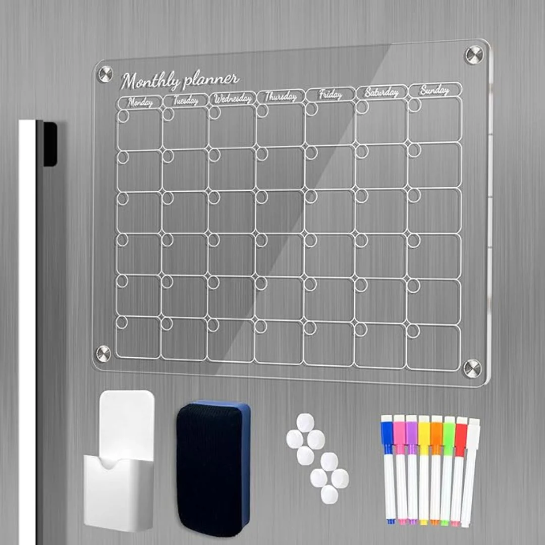 Glass Clear Magnetic Fridge Calendar – Monthly Acrylic Planner with Markers Magnetic Duster - Image 2