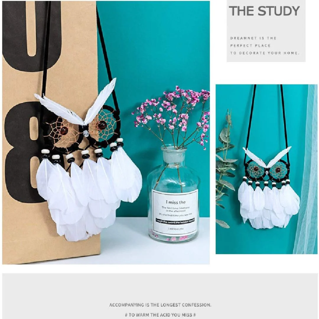 Monochrome Owl Dreamcatcher – Handmade Boho Wall Hanging with Feathers - Image 2