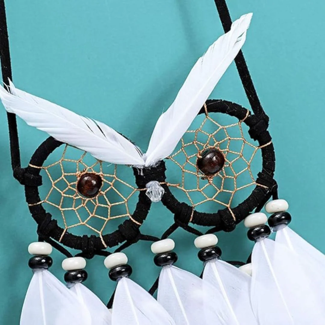Monochrome Owl Dreamcatcher – Handmade Boho Wall Hanging with Feathers - Image 5