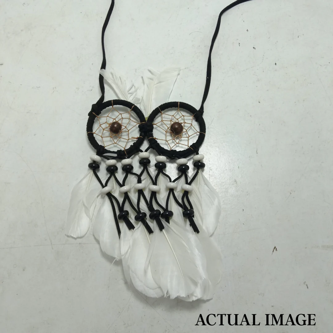 Monochrome Owl Dreamcatcher – Handmade Boho Wall Hanging with Feathers - Image 6
