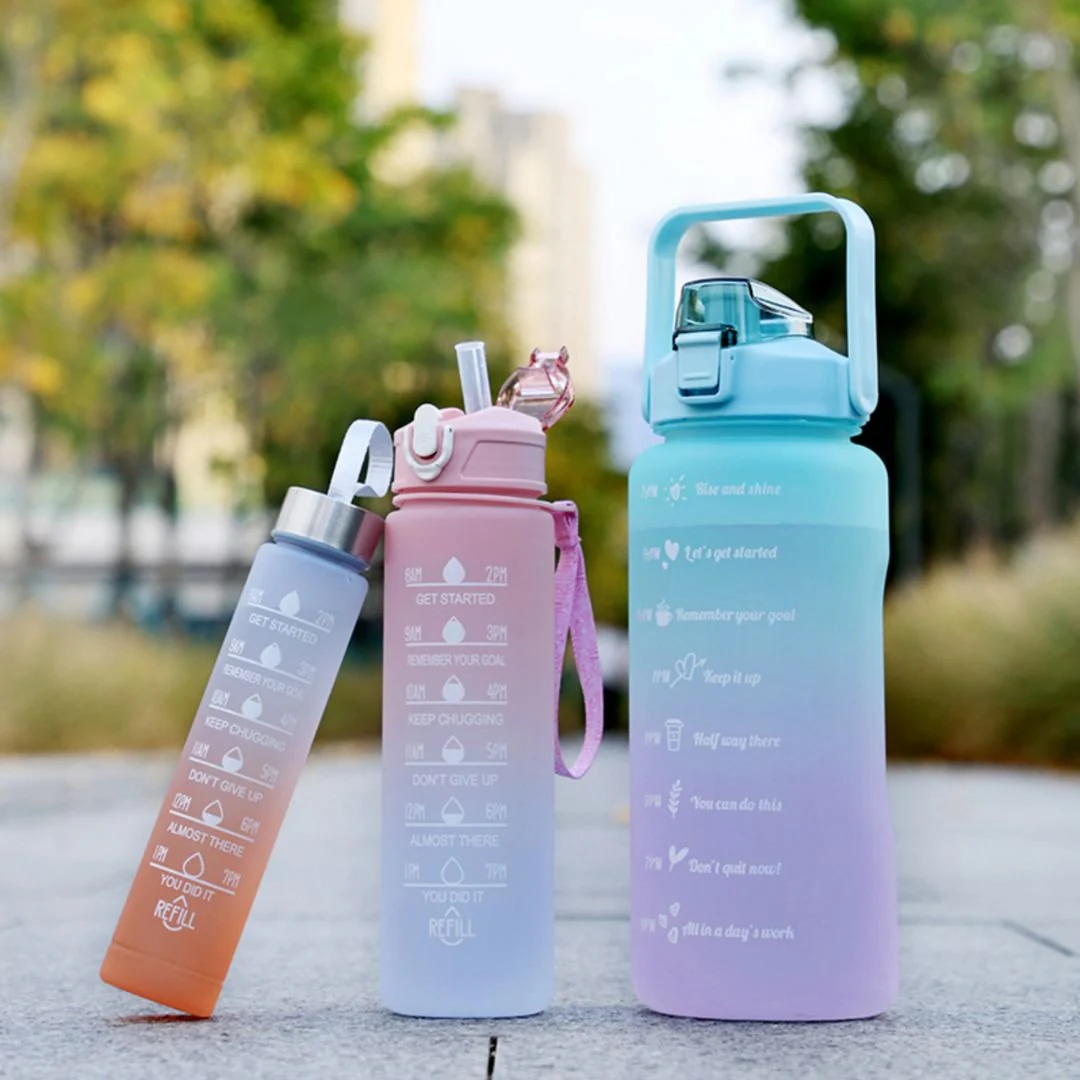 Motivational Water Bottle with Straw 3 Pcs, 2000ml 900ml 300ml Time Marker