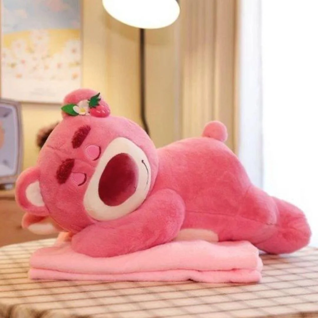 Sleepy Pink Bear Plush Pillow with Blanket - Image 2
