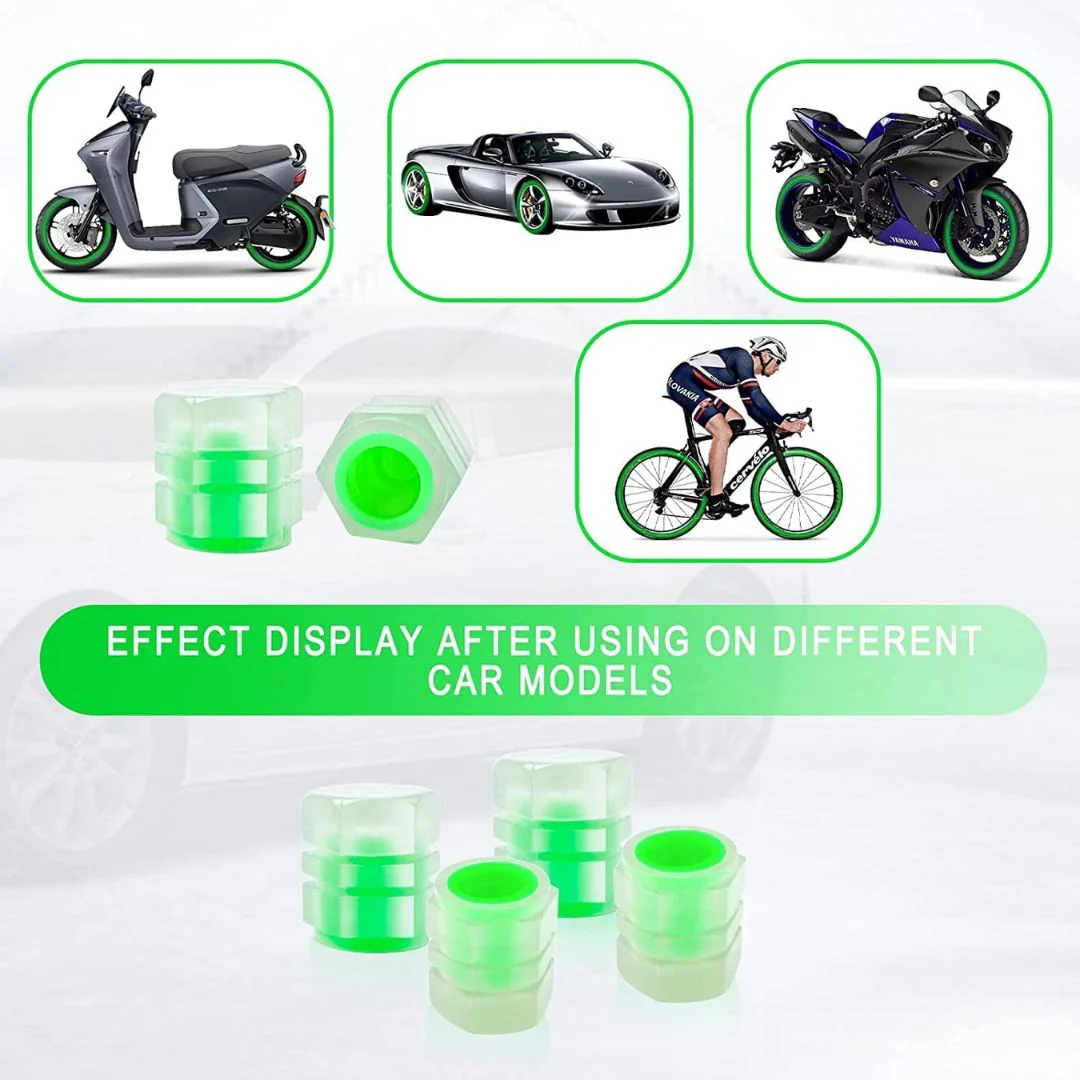 Radium Valve Cap for Vehicles | Glow-in-Dark Tyre Pressure Caps (4 pcs, Green) - Image 2