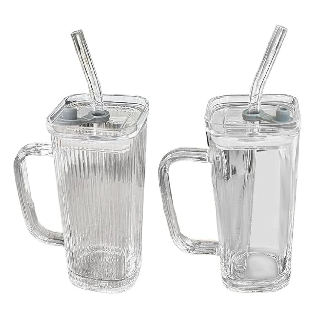 Square Glass Tumbler with Lid and Straw | Heat & Cold Resistant Drinkware - Image 3