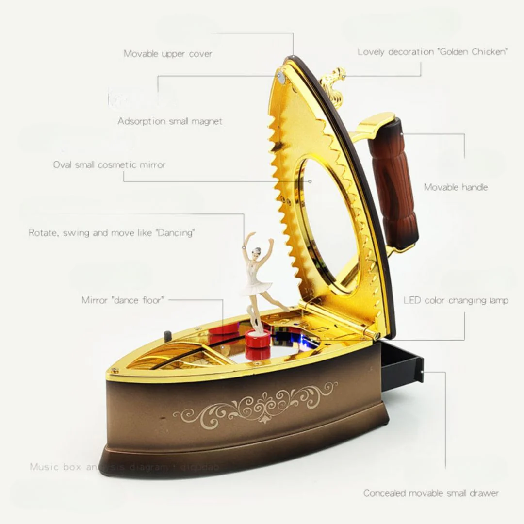Vintage Steam Iron Music Box with Rotating Ballerina n LED Lights - Image 2