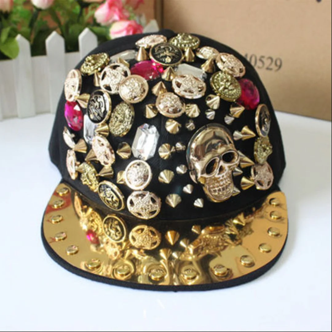 Studded Skull Cap – Black Fashion Cap with Metallic Embellishments n Skull Design