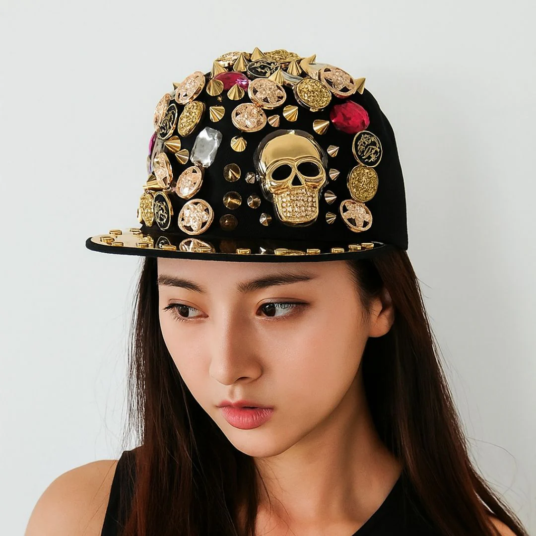Studded Skull Cap – Black Fashion Cap with Metallic Embellishments n Skull Design - Image 2