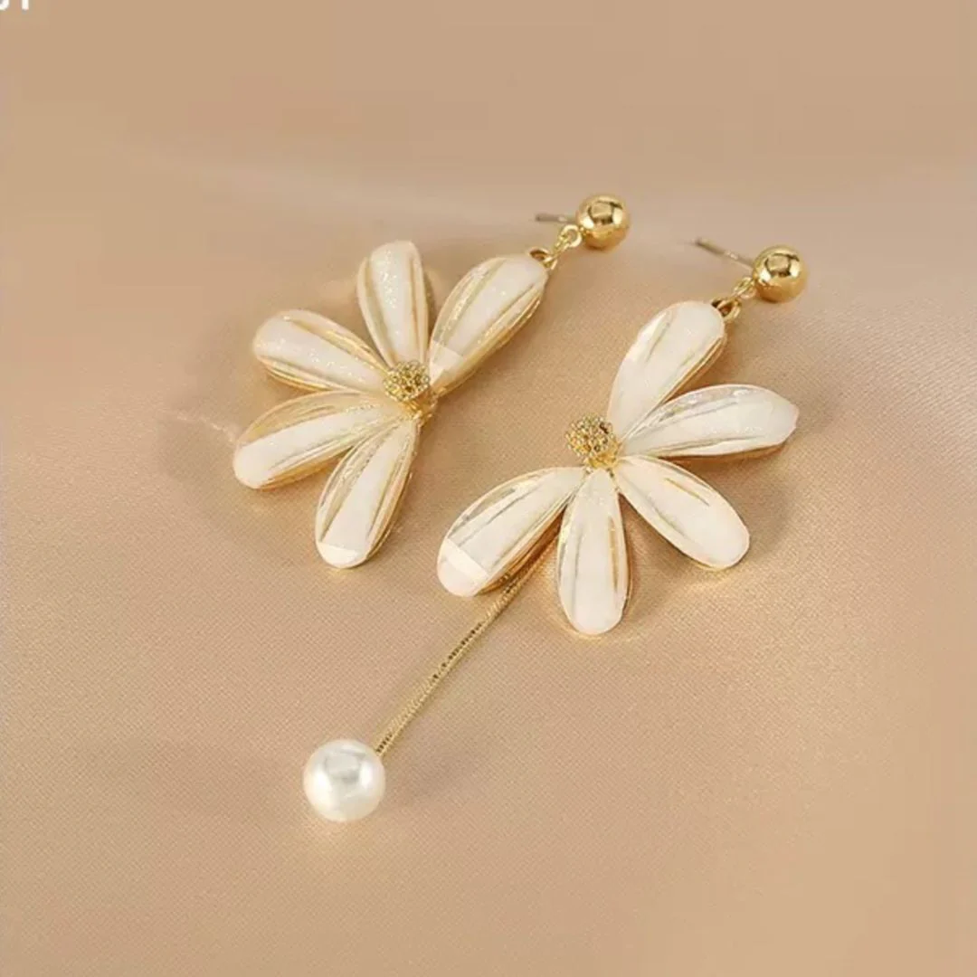 Twist of Daisy – Asymmetrical Floral Drop Earrings with Pearl - Image 4
