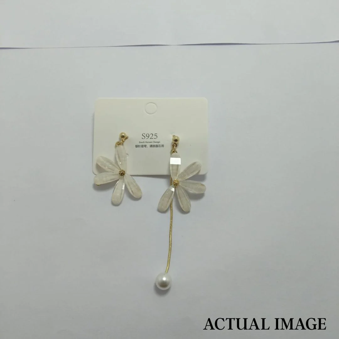 Twist of Daisy – Asymmetrical Floral Drop Earrings with Pearl - Image 5